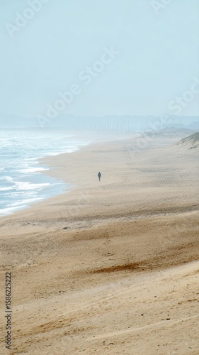 Summer beach landscape featuring a lone figure walking along the shore Generative AI