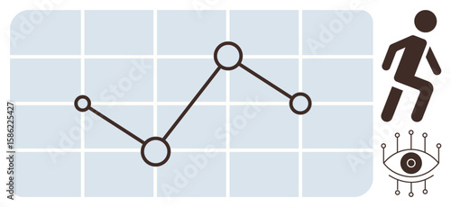 Line graph on grid background representing data trends, sprinting figure symbolizing activity, and eye for monitoring. Ideal for analytics, progress tracking, productivity, metrics, data