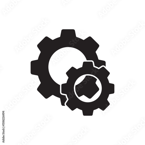 Two interlocking black gears on a white background symbolizing teamwork and mechanics