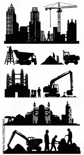 Silhouettes of construction sites, showcasing city buildings and construction machinery.