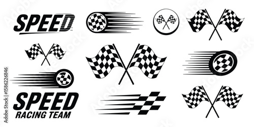 Racing Elements Pack with Iconic Black-White Checkered Flags, Finish Line Banners, Speed Lines, and Racing Typography Decals, Ideal for UI Design, Merchandise, and Print Materials.