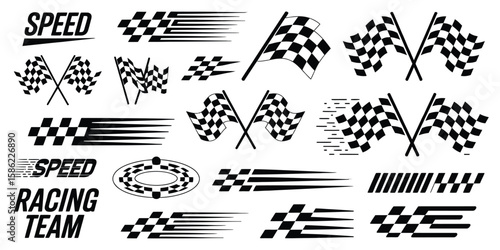  Racing Elements Set Featuring Black and White Checkered Flags, Finish Line Banners, Speed Lines, and Racing Text Decals in Clean Silhouette Style, Perfect for Branding, Prints, and UI Design.