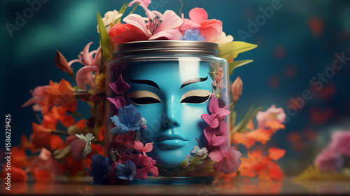 Blue face art in jar with flowers creative design surrealism abstract artistic still life photography