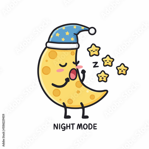 Cute cartoon moon character wearing a sleeping cap, yawning and surrounded by stars, illustrating night mode.