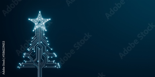 Minimalist Christmas card featuring a glowing star shaped like an AI circuit interface, soft white and cyan light on a deep navy background, clean lines, digital sparkle