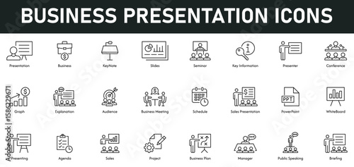 Business Presentation Icons vector illustration with thin line editable stroke containing keynote, slides, seminar, key information, conference, graph, explanation, audience, meeting, schedule, sales