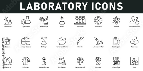 Laboratory Icons vector illustration with thin line editable stroke containing experiment, microscope, flask, science, test tube, biology, report, research, chemical, lab, beaker, technician, burner