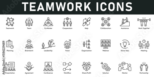 Teamwork Icons vector illustration with thin line editable stroke containing co worker, cooperation, collaboration, work together, planning, brainstorm, leadership, vision, organization, meeting