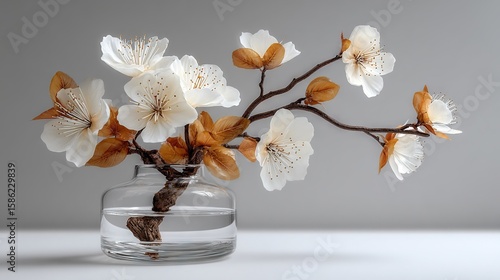  A vase of white flowers sits atop a white counter, adjacent to a gray backdrop and a gray wall behind it