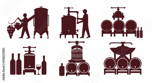 Illustration of winemaking process with barrel and equipment. 