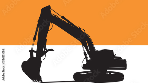 Silhouette of an excavator construction vehicle on orange and white background