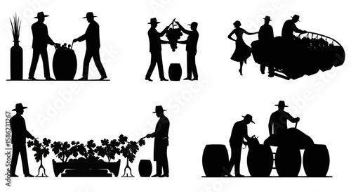 Silhouette of a wine harvesting process.