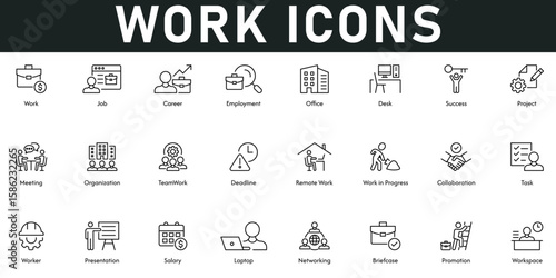Work Icons vector illustration with thin line editable stroke containing job, career, employment, office, desk, success, project, meeting, organization, teamwork, deadline, remote work, collaboration