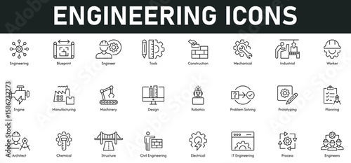 Engineering Icons vector illustration with thin line editable stroke containing blueprint, tools, construction, mechanical, industrial, worker, engine, manufacture, machinery, robotics, planning