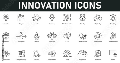 Innovation Icons vector illustration with thin line editable stroke containing progress, invention, visionary, idea generation, originality, creativity, teamwork, disruption, startup, solution, agile