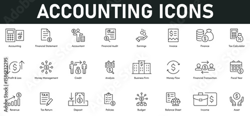 Accounting Icons vector illustration with thin line editable stroke containing financial, audit, invoice, finance, tax calculate, profit, loss, credit, money flow, revenue, deposit, policies, budget