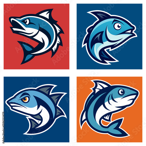 Collection of four stylized fish illustrations in different color backgrounds and varying expressions