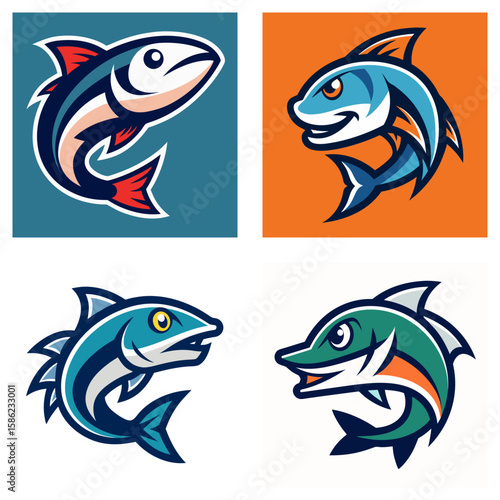 Four cartoon fish illustrations with different color schemes and backgrounds displayed together nicely