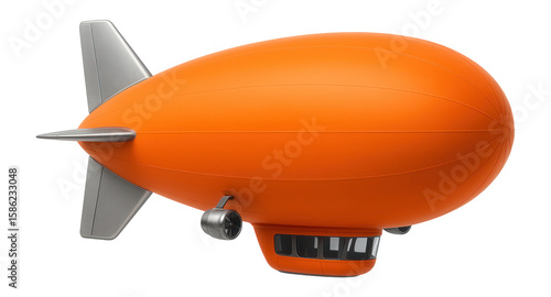 Experimental blimp with a triangular tail fin and bright orange hull