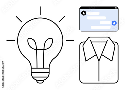 Lightbulb with rays, chat window with conversational bubbles, and shirt outline. Ideal for creativity, teamwork, communication, professionalism, innovation, work concept simple landing page