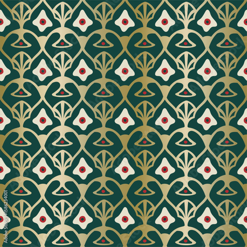 Oriental Ornamental seamless pattern with gold accents. Ethnic textile background