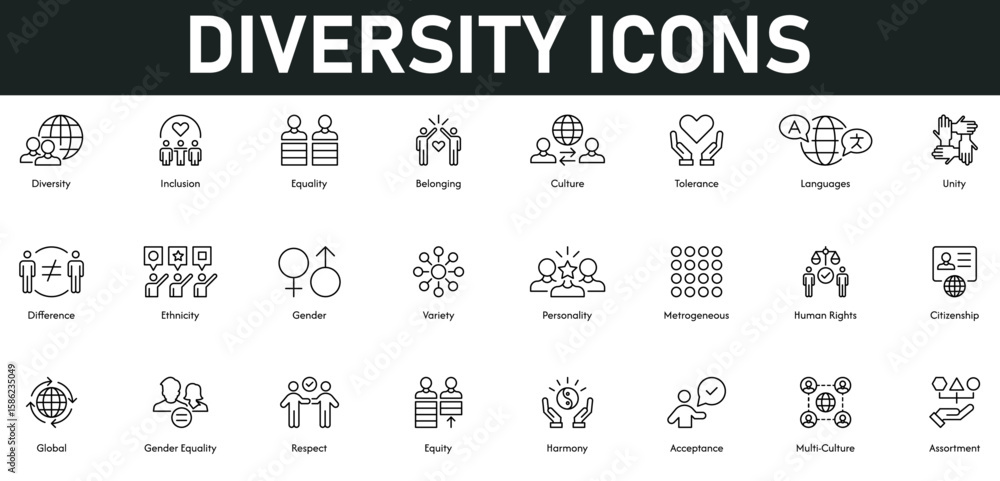 Diversity Icons vector illustration with thin line editable stroke containing equality, inclusion, belonging, culture, tolerance, languages, unity, difference, ethnicity, gender, human rights, respect Diversity Icons vector illustration with thin line editable stroke containing equality, inclusion, belonging, culture, tolerance, languages, unity, difference, ethnicity, gender, human rights, respect