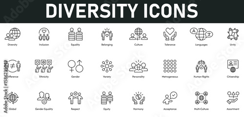 Diversity Icons vector illustration with thin line editable stroke containing equality, inclusion, belonging, culture, tolerance, languages, unity, difference, ethnicity, gender, human rights, respect