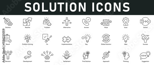 Solution Icons vector illustration with thin line editable stroke contains resolve, thinking, settlement, decision, problem solving, result, fix, implementation, key, idea, success, maze, development