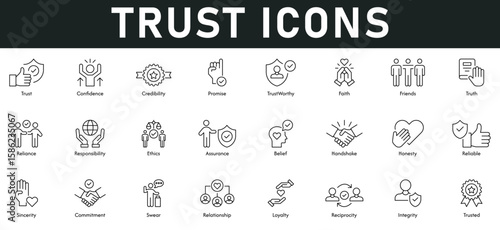 Trust Icons vector illustration with thin line editable stroke containing confidence, credibility, promise, trustworthy, faith, truth, reliance, responsibility, ethics, assurance, belief, handshake