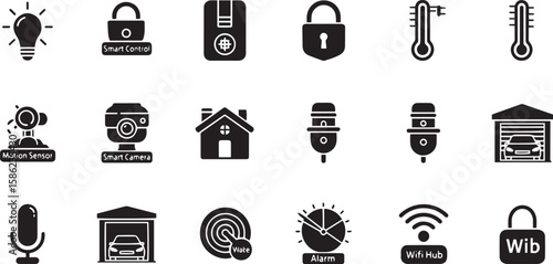 Collection of smart home technology icons representing security and convenience