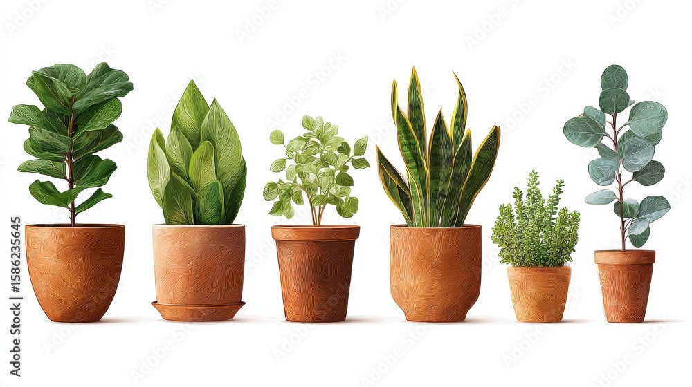 Obraz premium Collection of indoor houseplants in clay pots. Different green plants include ficus and herbs. Brown flowerpots line up isolated on a white background for modern home decoration.
