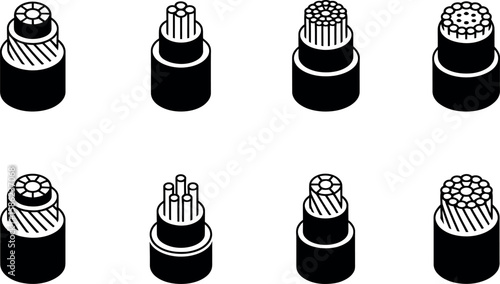 Isometric Electrical Cable Cross-Sections:  Various Wire Configurations, Black and White, Technical Illustration.
