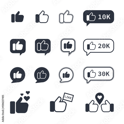 Social media like icons set – thumbs up, like counters, chat bubbles, heart reactions, and hand gestures in modern flat style. Perfect for UI UX, apps, and digital marketing.