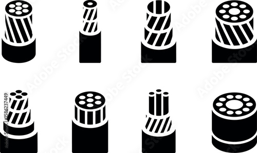 Black and white cable icons: industrial, technical, engineering diagrams.