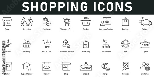 Shopping Icons vector illustration with thin line editable stroke containing store, purchase, basket, product, online shopping, delivery, payment, grocery, add to cart, customer service, price tag