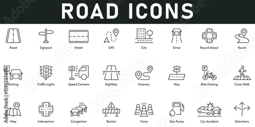 Road Icons vector illustration with thin line editable stroke containing signpost, street, GPS, city, roundabout, route, parking, traffic lights, high way, cross walk, map, intersection, barrier, cone