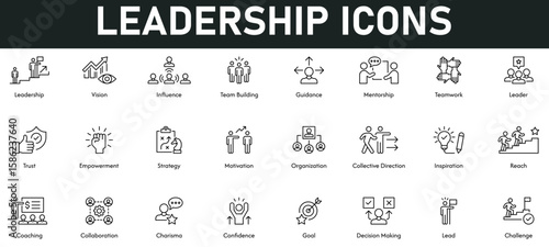 Leadership Icons vector illustration with thin line editable stroke containing vision, influence, team building, guidance, mentorship, teamwork, leader, trust, empowerment, strategy, motivation, lead