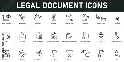 legal Document Icons vector illustration with thin line editable stroke containing agreement, contract, passport, driving license, certificate, patent, ID card, official, diploma, court order, visa