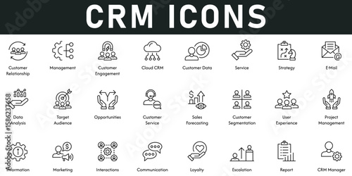 Customer Relationship management CRM Icons vector illustration with thin line editable stroke contains engagement, cloud CRM, customer data, service, strategy, data analysis, target audience, sales