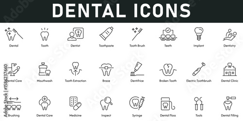 Dental Icons vector illustration with thin line editable stroke contains tooth, dentist, toothpaste, toothbrush, teeth, implant, dental chair, mouthwash, brace, broken tooth, inspect, filling, tools