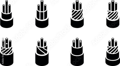 Isometric Cable Wire Bundle Icons:  Various Styles, Black and White.