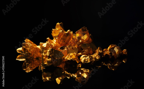 Ai generated image. Pile of gold nuggets isolated on a black background. Gold ore. Rough gold, dramatic lighting. 
