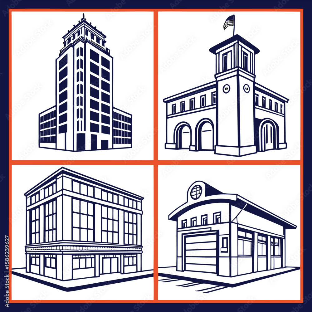 Fototapeta premium Four architectural building outlines architecture vector
