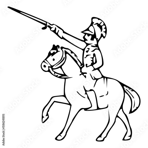 Cavalry officer in command, assertive expression, riding horse and raising sword, sketch style, copy space