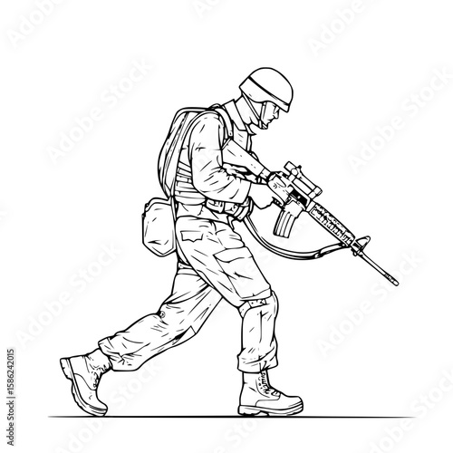 Soldier in action, determined expression, walking with rifle, sketch style, copy space