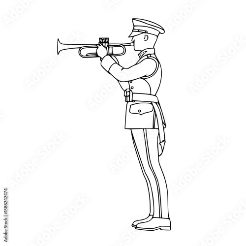 Military trumpeter playing, focused expression, standing in uniform, minimalist sketch style, copy space
