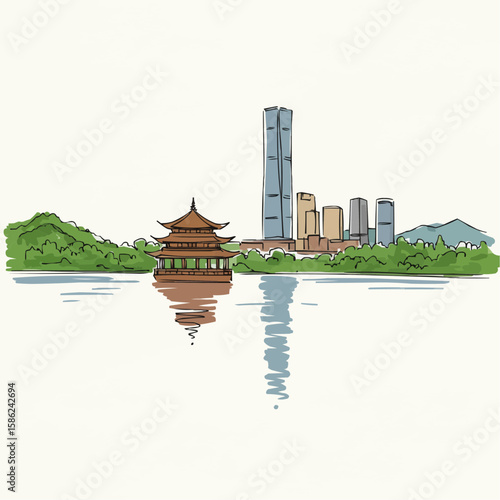 Illustration of West Lake in Hangzhou with skyline reflection  