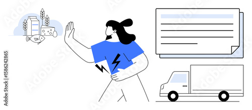 Woman gesturing refusal towards dairy, bread, and cheese. Visible truck, document, and wheat. Ideal for diet, food distribution, logistics decision-making health business simple flat metaphor