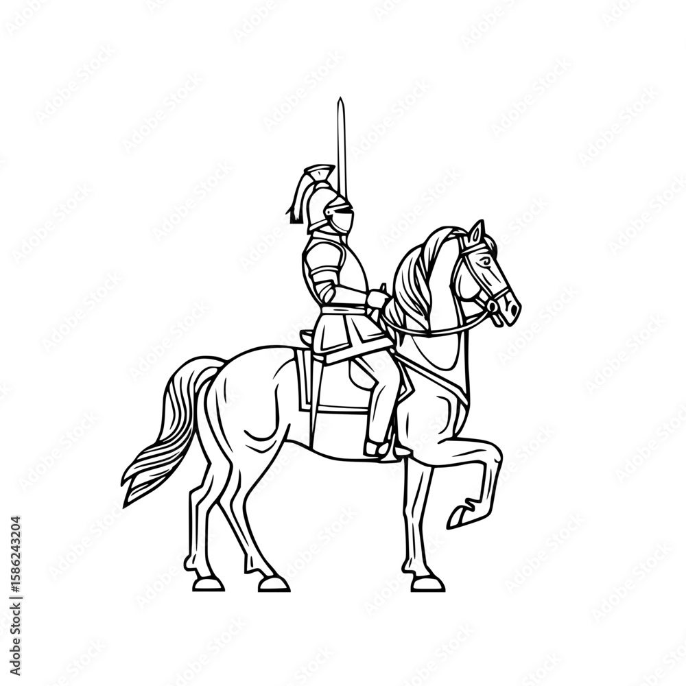 Fototapeta premium Knight on horseback, commanding posture, holding spear, sketch style, copy space