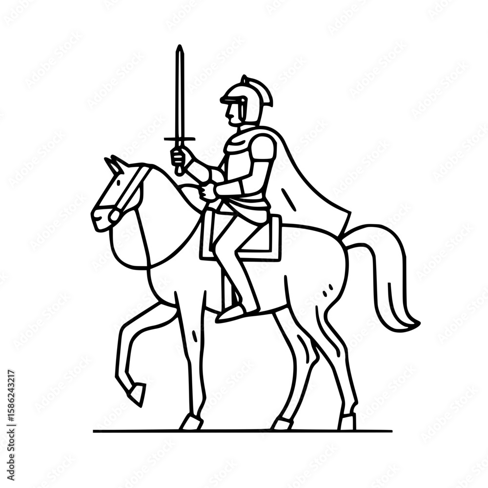 Fototapeta premium Knight on horseback, heroic posture, holding sword, sketch style, copy space
